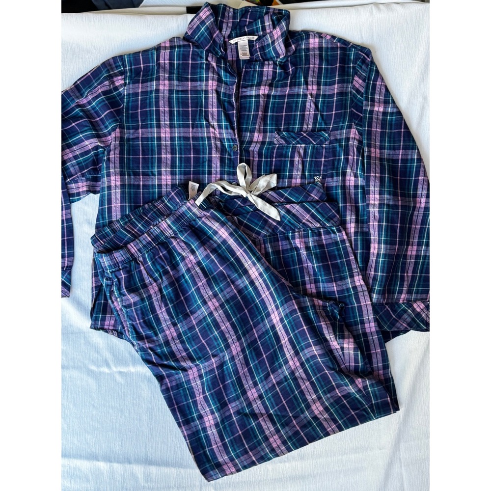 Victoria's Secret Plaid Flannel Pajama Set XL Navy Pink Lurex Shimmer 2pc Sleep